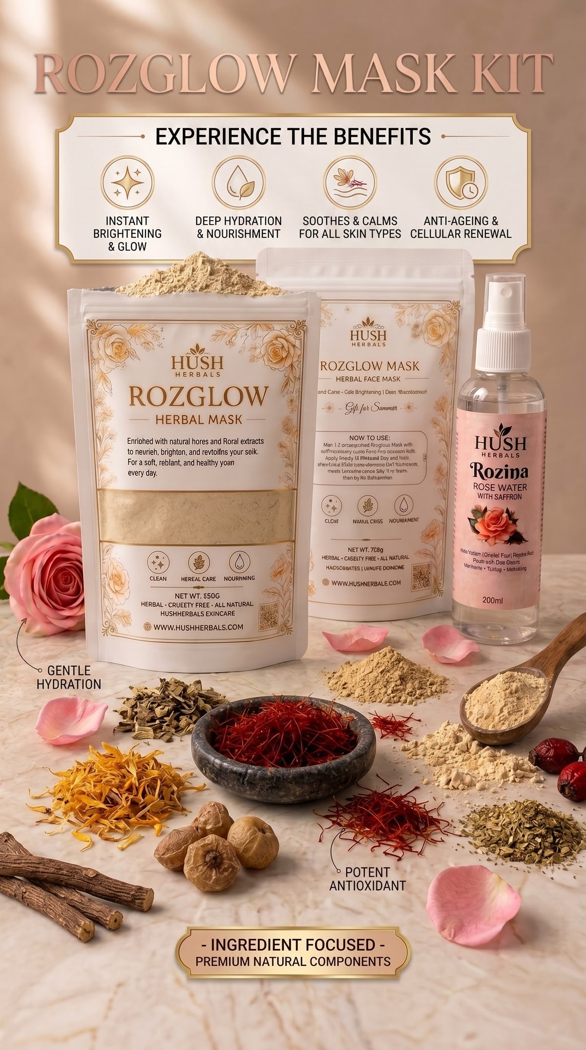 Roz Glow Mask Kit – Herbal Face Mask + Saffron Rose Water