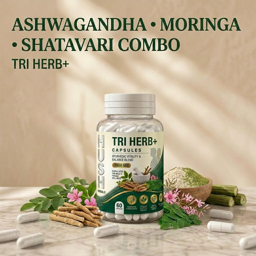 Hush Herbals Tri Herb+ Capsules – Ashwagandha, Moringa & Shatavari 60 Capsules