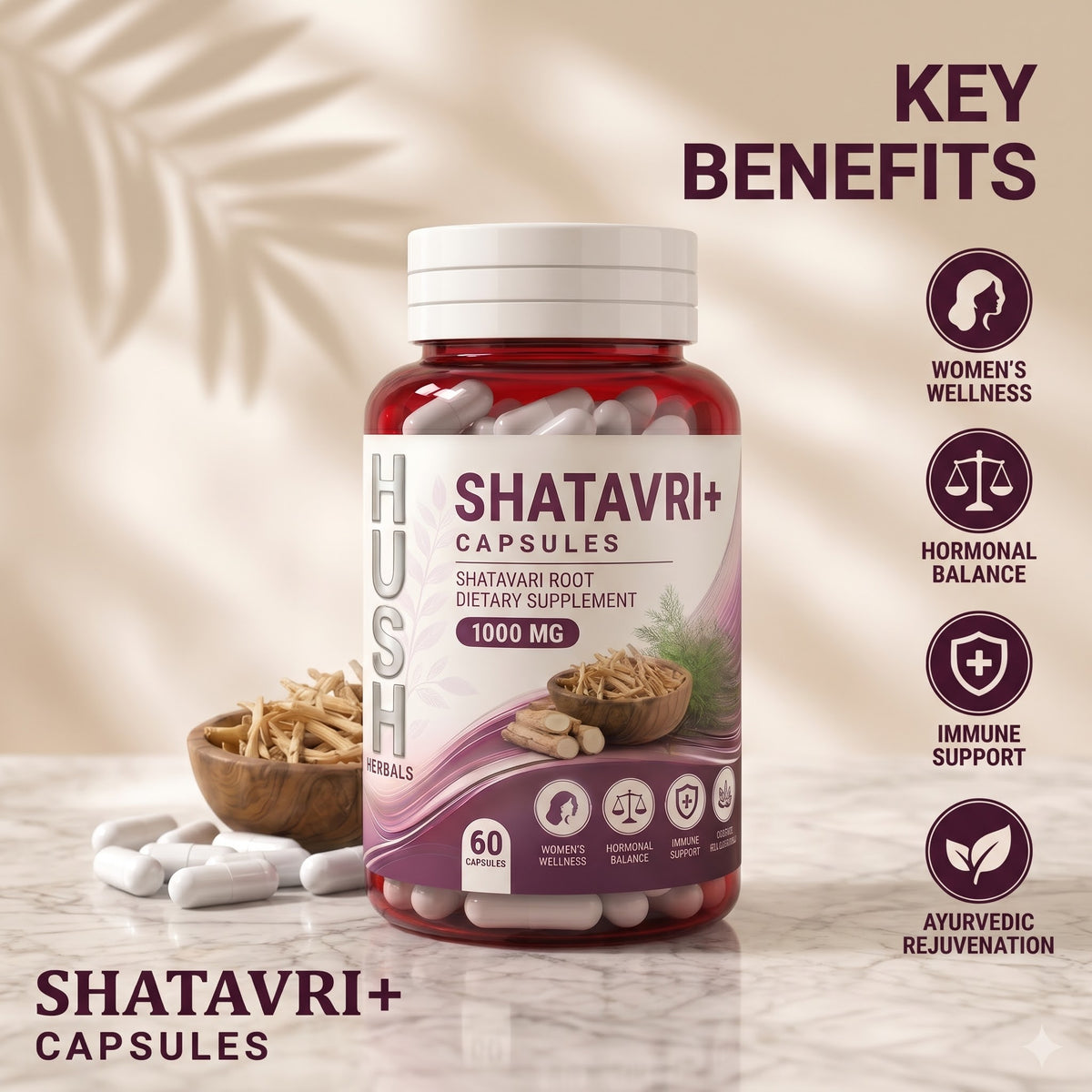 Hush Herbals Shatavari+ Capsules 1000mg – 60 Capsules