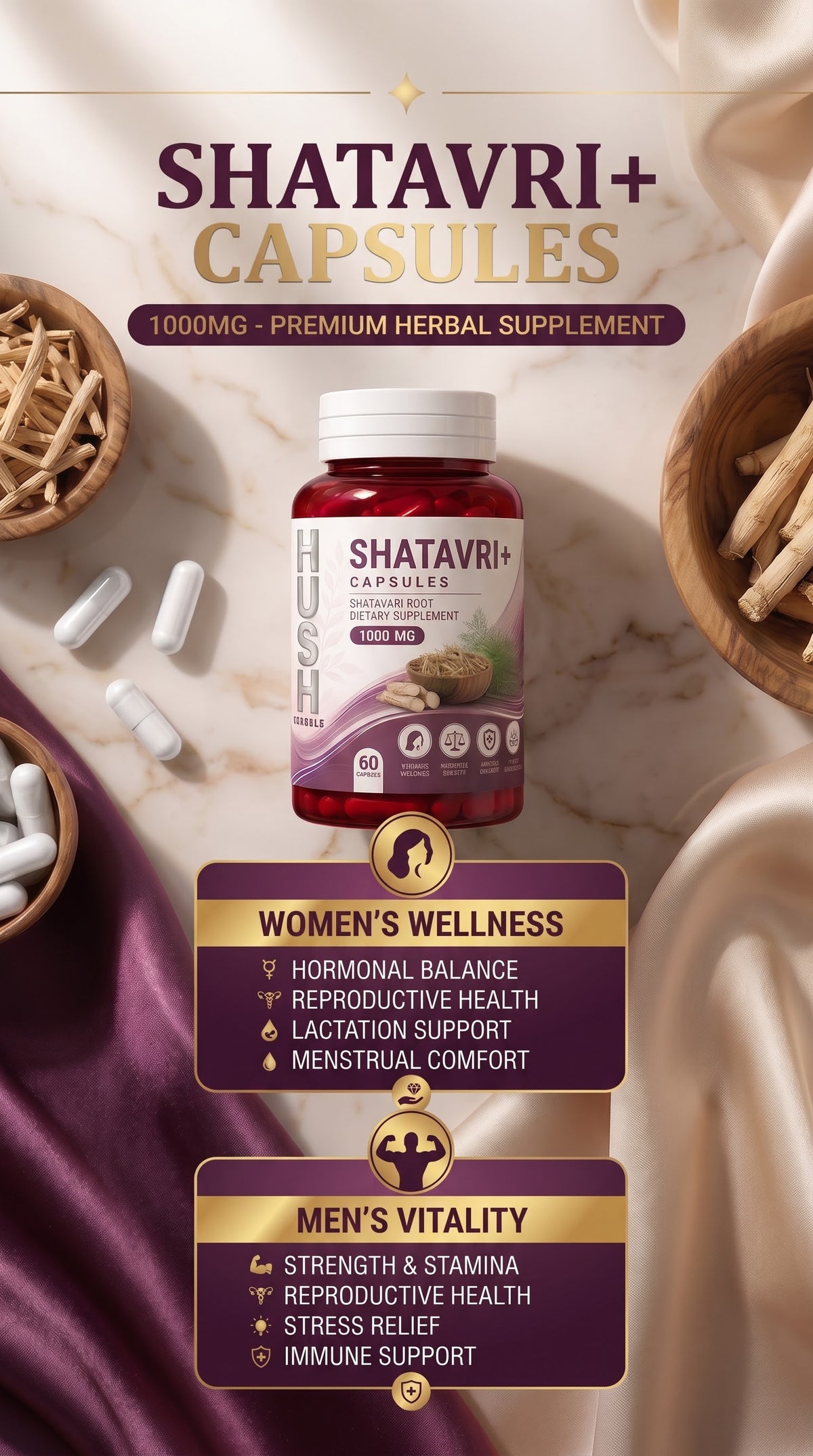 Hush Herbals Shatavari+ Capsules 1000mg – 60 Capsules