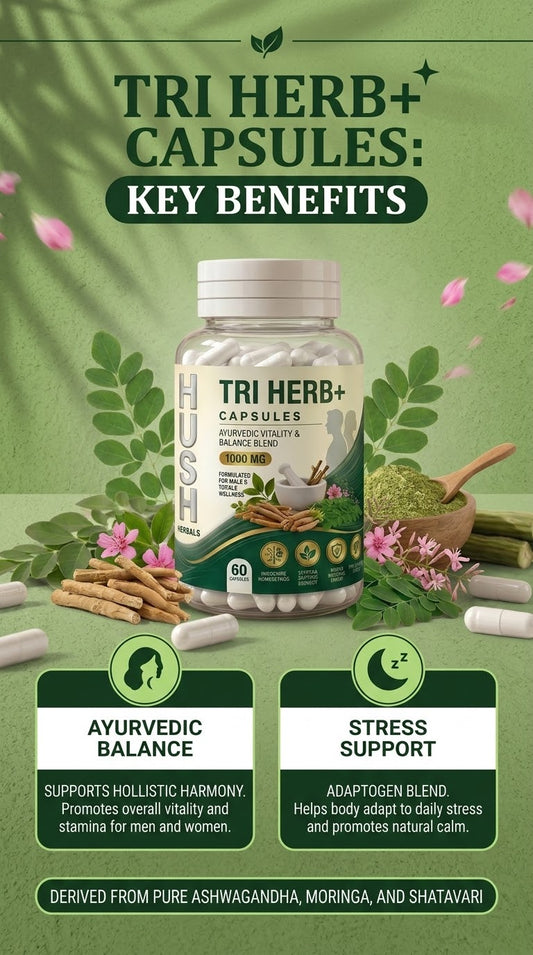 Hush Herbals Tri Herb+ Capsules – Ashwagandha, Moringa & Shatavari 60 Capsules