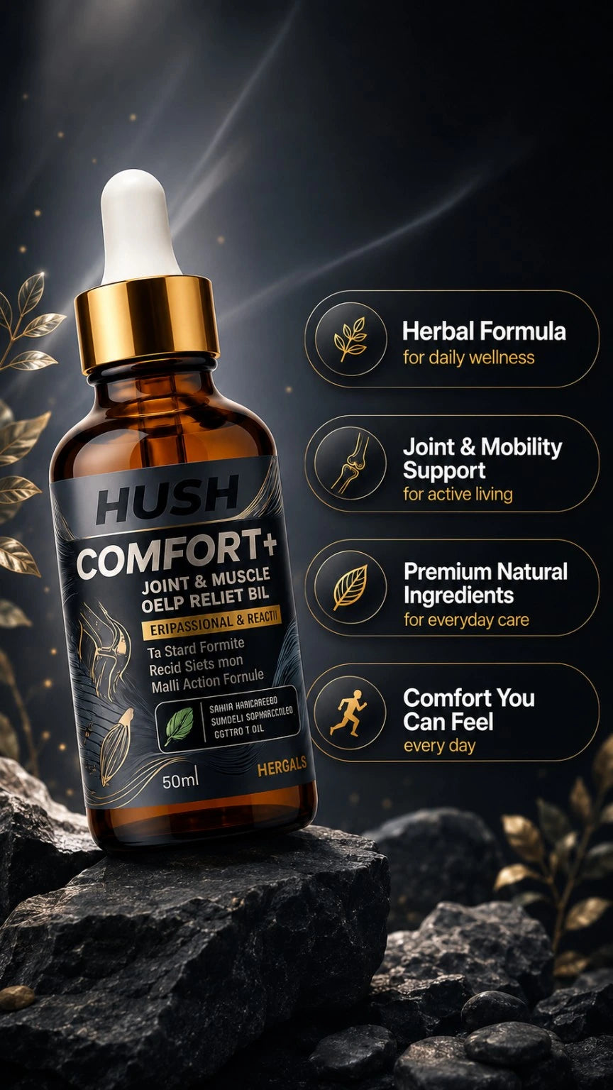 HUSH Comfort + Premium Herbal Massage Oil – Muscle & Joint Comfort | 50ml