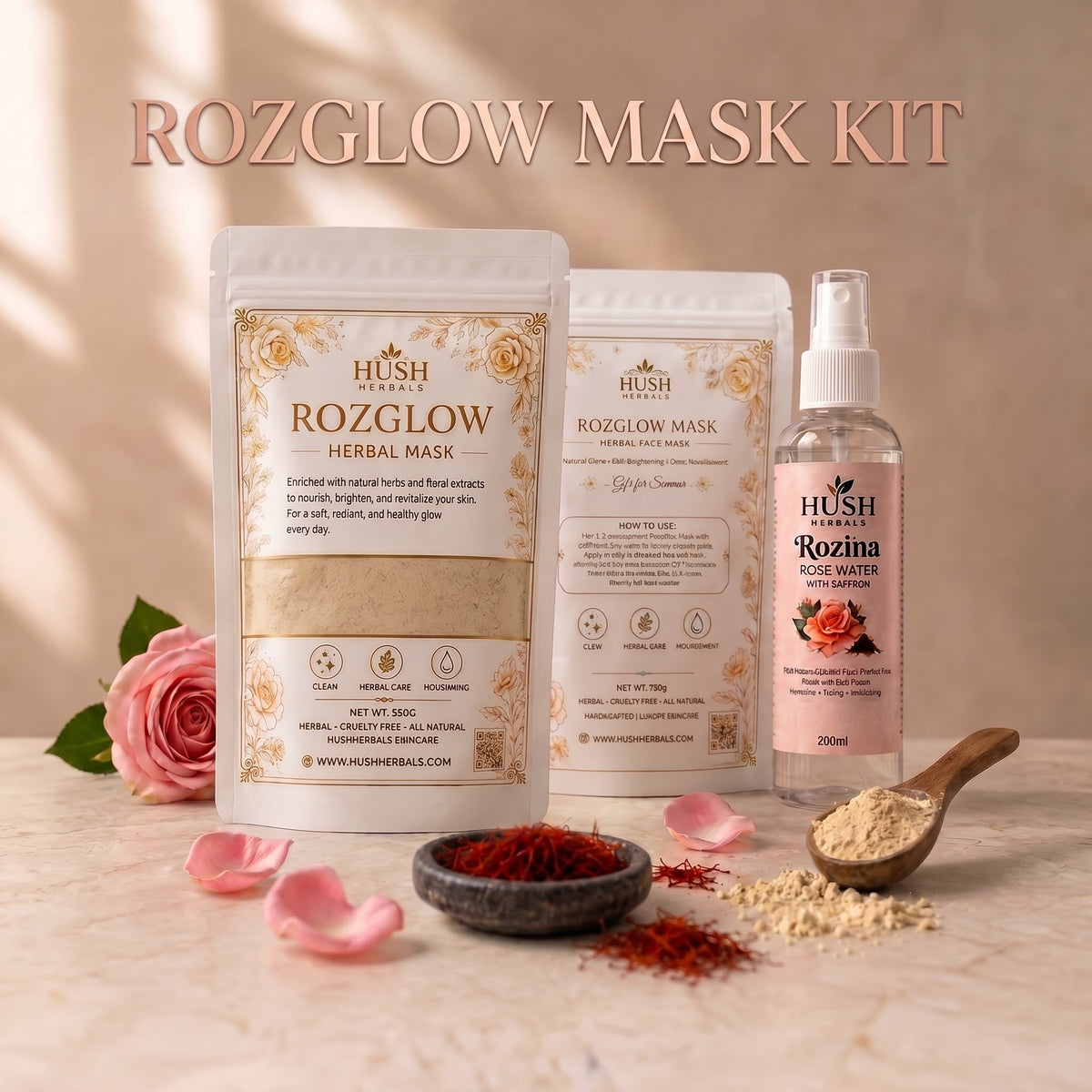 Roz Glow Mask Kit – Herbal Face Mask + Saffron Rose Water