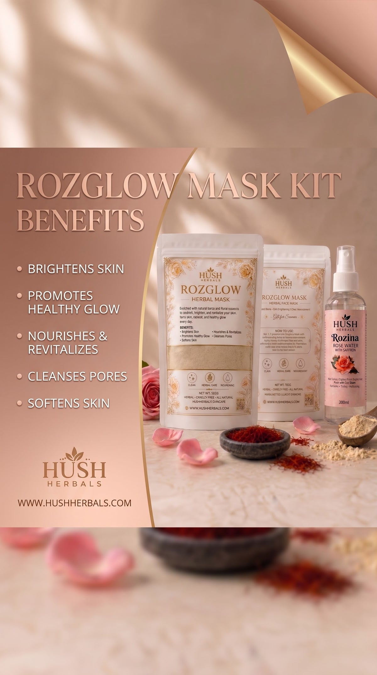 Roz Glow Mask Kit – Herbal Face Mask + Saffron Rose Water