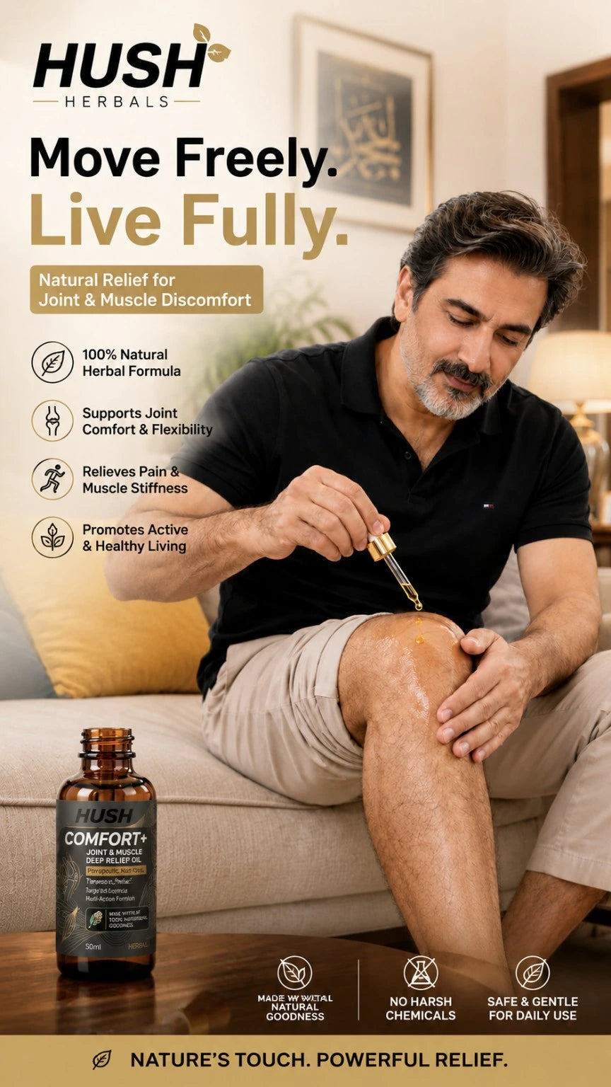 HUSH Comfort + Premium Herbal Massage Oil – Muscle & Joint Comfort | 50ml