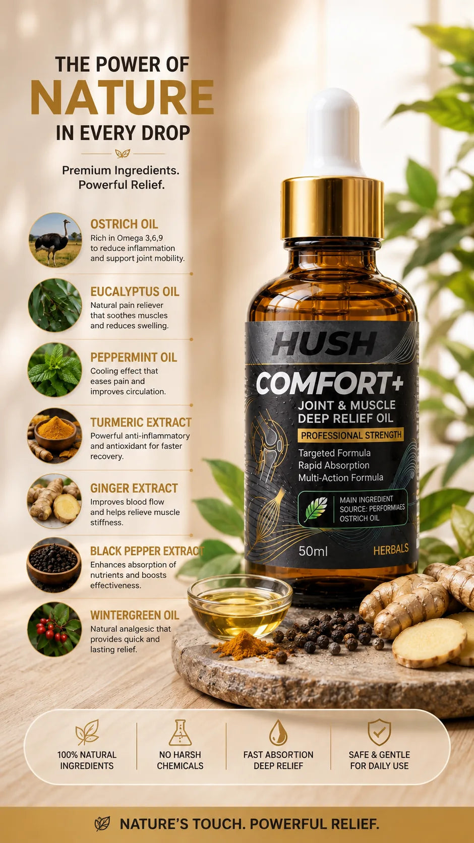 HUSH Comfort + Premium Herbal Massage Oil – Muscle & Joint Comfort | 50ml